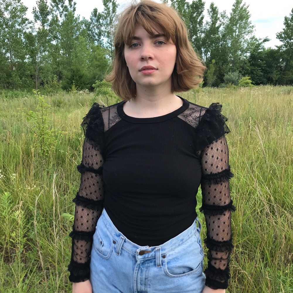 Free People Black Ruffle Polka Dot Lace longsleeve